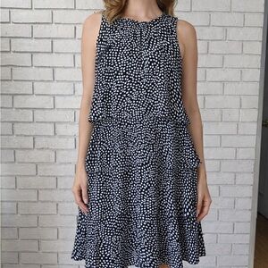 Nine West Black and White Sleeveless Midi Dress Polka Dot Tiered size 10